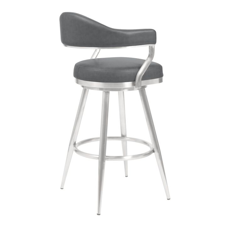 Knw 26 Inch Swivel Counter Stool Chair, Vintage Gray Faux Leather, Chrome - Benzara