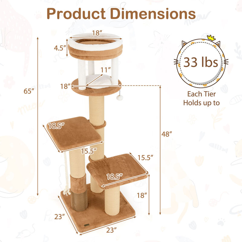 Tall Cat Tree with Self-groomer and Removable Cat Bed