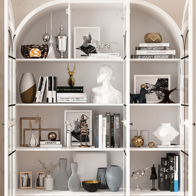 FUFU&GAGA Modern White Bookcase with Glass Doors, 2 Drawers & 8 Shelves, Elegant Storage for Living Room, Bedroom, or Office (77.2"H x 50.4"W x 15.7"D), White
