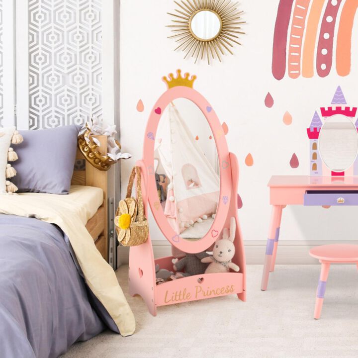 Hivvago Kids Full Length Mirror with 360 Degree Rotatable Design and Shelf-Pink