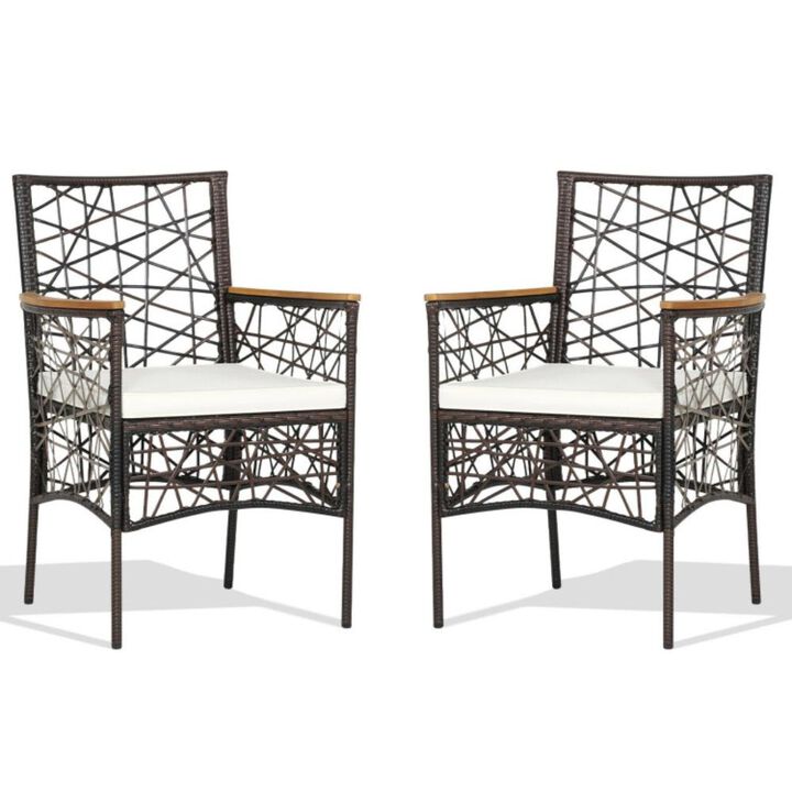 Hivvago 2 Pieces PE Wicker Patio Bistro Dining Chairs with Acacia Wood Armrests and Cushions