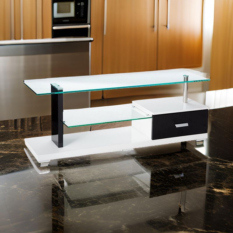 55 Inch TV Entertainment Console, Glass Top, Chrome Posts, Black, White - Benzara