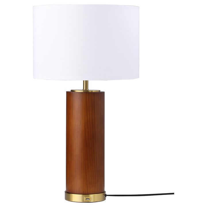 28 Inch Table Lamp, White Fabric Drum Shade, Gold Metal, Brown Bridge Base - Benzara
