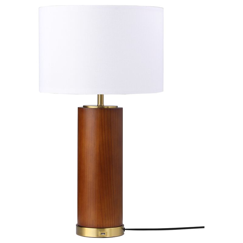 28 Inch Table Lamp, White Fabric Drum Shade, Gold Metal, Brown Bridge Base - Benzara