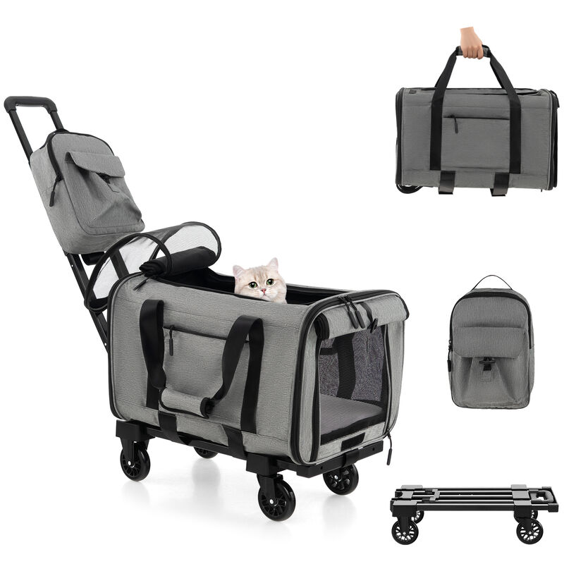 Rolling Cat Carrier with Dual-use Pads and Litter Bag-Grey
