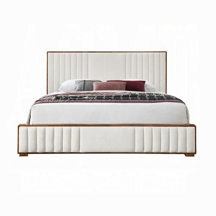 Lesa King Bed, Channel Tufted Beige Chenille Upholstery, Walnut Brown - Benzara
