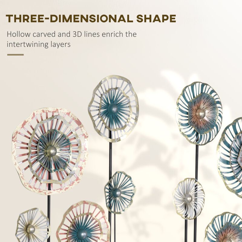 Blue/Silver/Gold Decor: 3D Metal Wall Art Set with Modern Flower Design