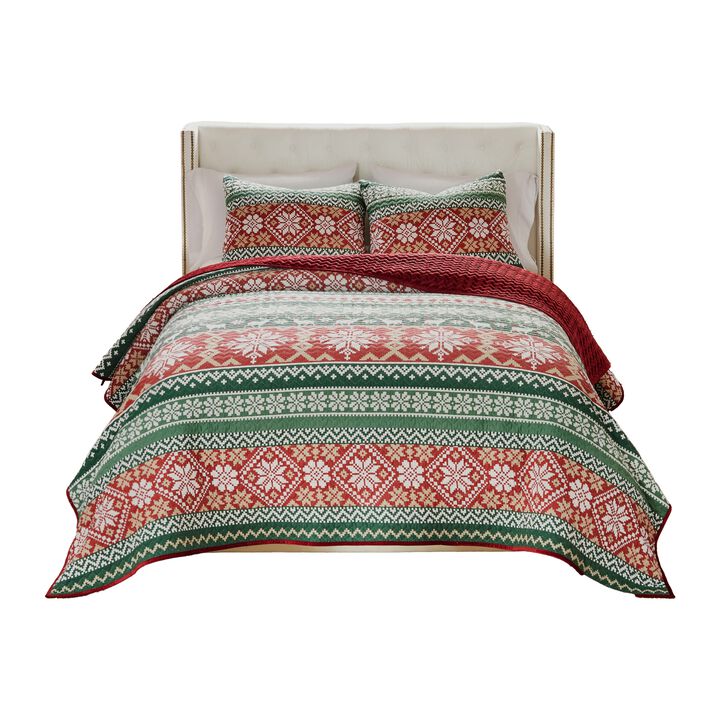 Reindeer 3pc King Size Quilt Set, Dutch Velvet Back, Red, Green Christmas