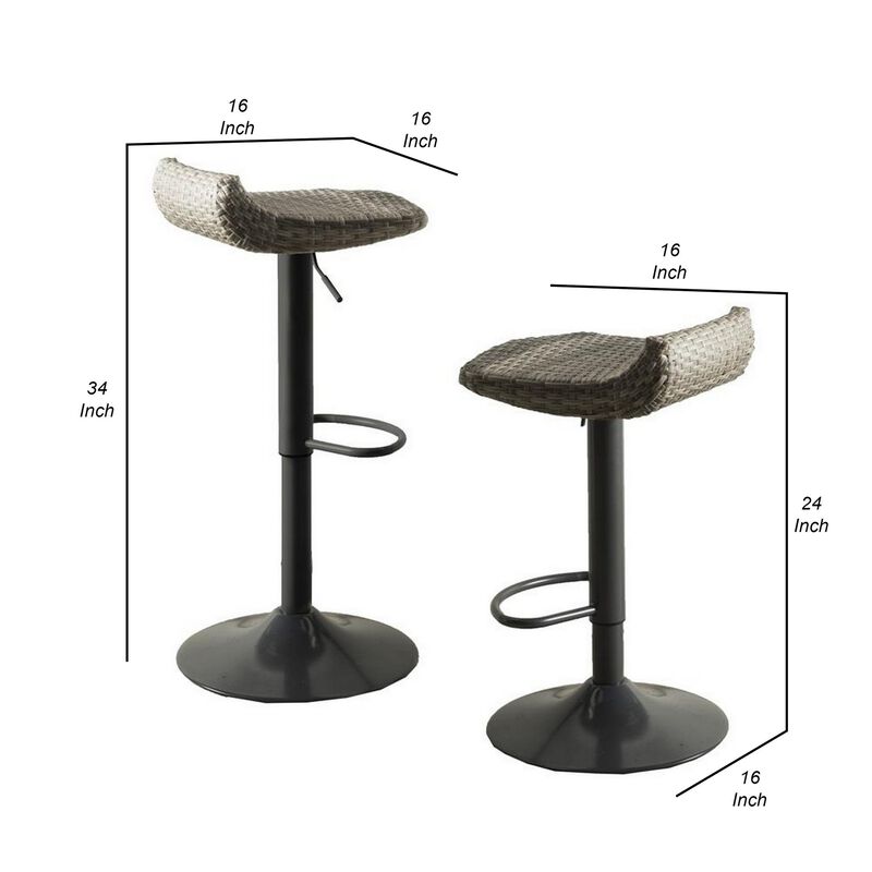 Max 34 Inch Outdoor Barstool, Gray Resin Woven Wicker, Foldable, Set of 2-Benzara