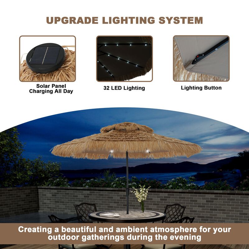 Mondawe 9 ft Hawaiian Crank Design 2 Tier Straw Patio Umbrella with LED Light & Round Based