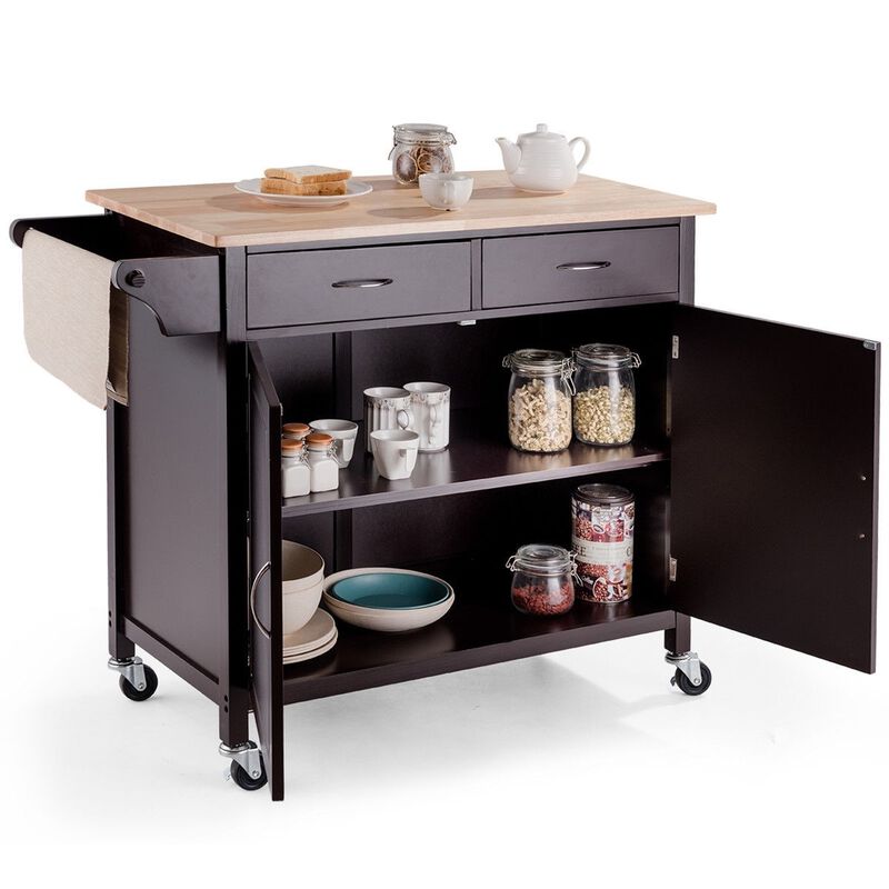 Hivvago Brown Kitchen Island Storage Cart with Wood Top and Casters