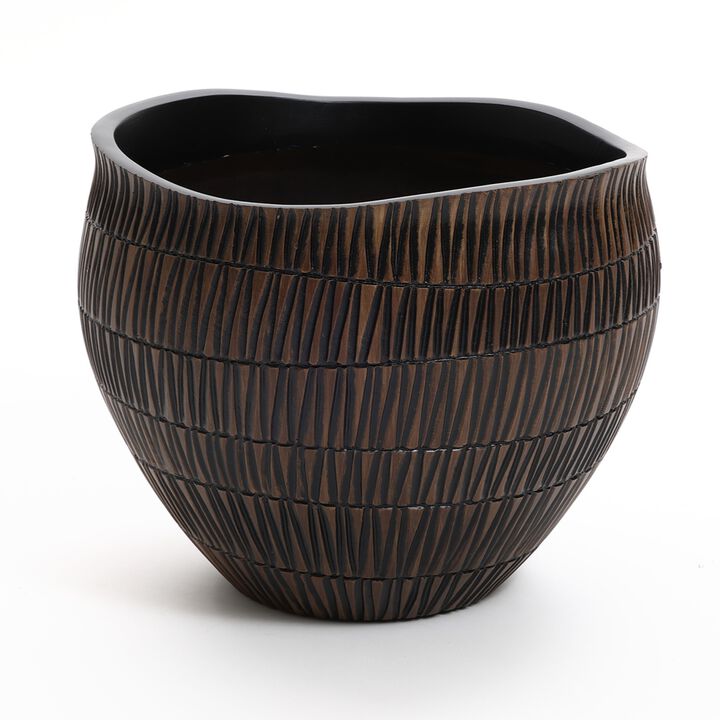 LuxenHome Brown with Black V-Pattern Polyresin 12-Inch Round Planter