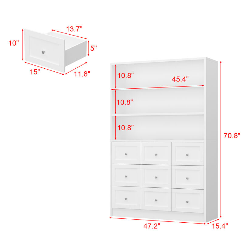 2-in-1 Tall Bookcase Bookshelf with 3-Tier Shelves & 9 Drawers, Modern Wooden Storage Display Cabinet for Home Office Living Room, White, 47.2" W x 15.4" D x 70.8" H