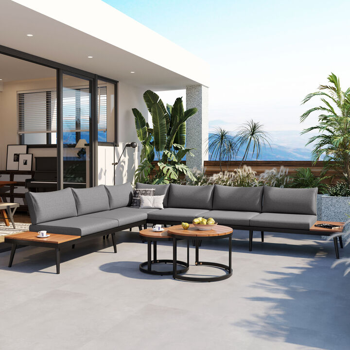 Whisen 6-Piece Outdoor Sectional Sofa Set with Round Nesting Coffee Tables and Seating Sofa with Cushions