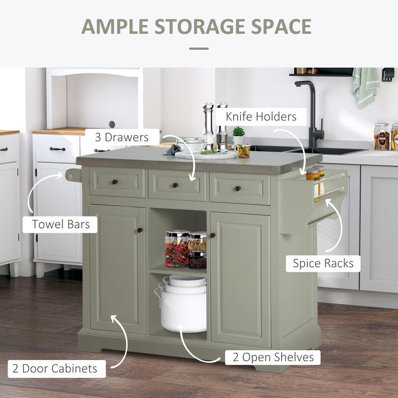 Gray Mobile Kitchen: Island Cart with Stainless Top and Multi-Storage