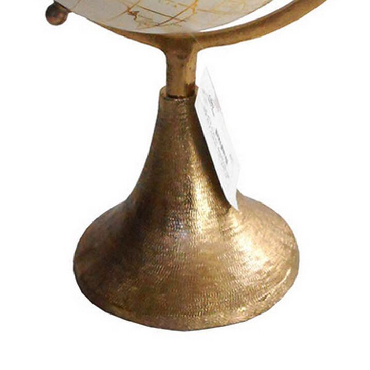 15 Inch Modern Accent Globe, Smooth Turning, White With Gold Aluminum Stand - Benzara