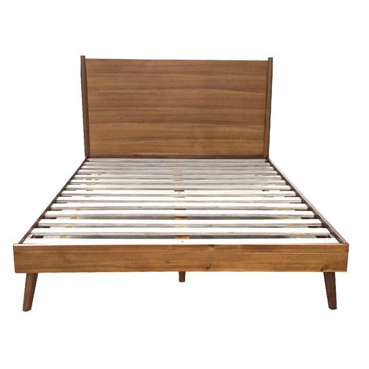 Ozzy Queen Size Bed, Panel Headboard Design, Rich Brown Acacia Wood - Benzara
