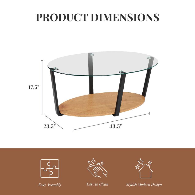 Nessa Oval Coffee Table with Glass Top, Oak/Glass