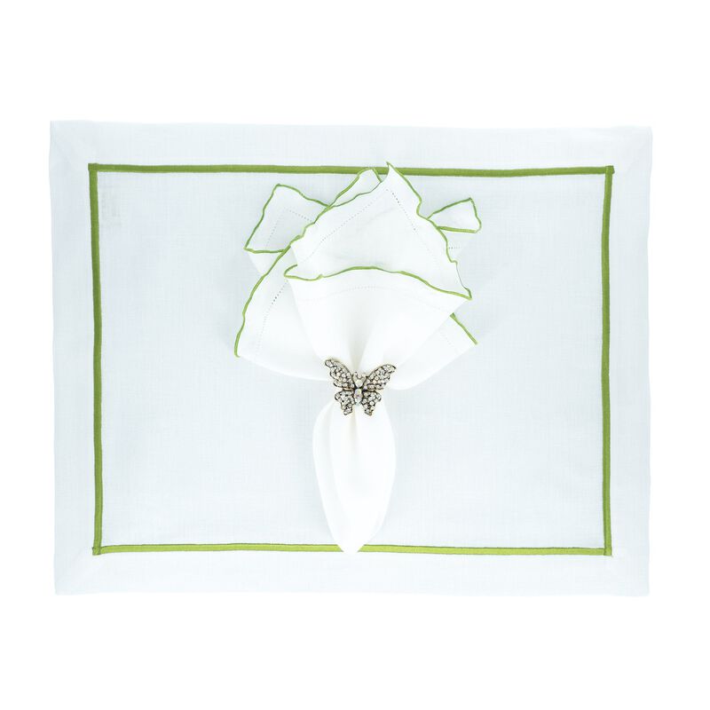 Linen Napkins With Green Ruffled Hemstitch Edges, Set of 4