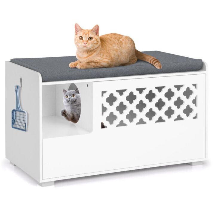 Hivvago Cat Litter Box Enclosure with Removable Cushion and Front Open Door-White