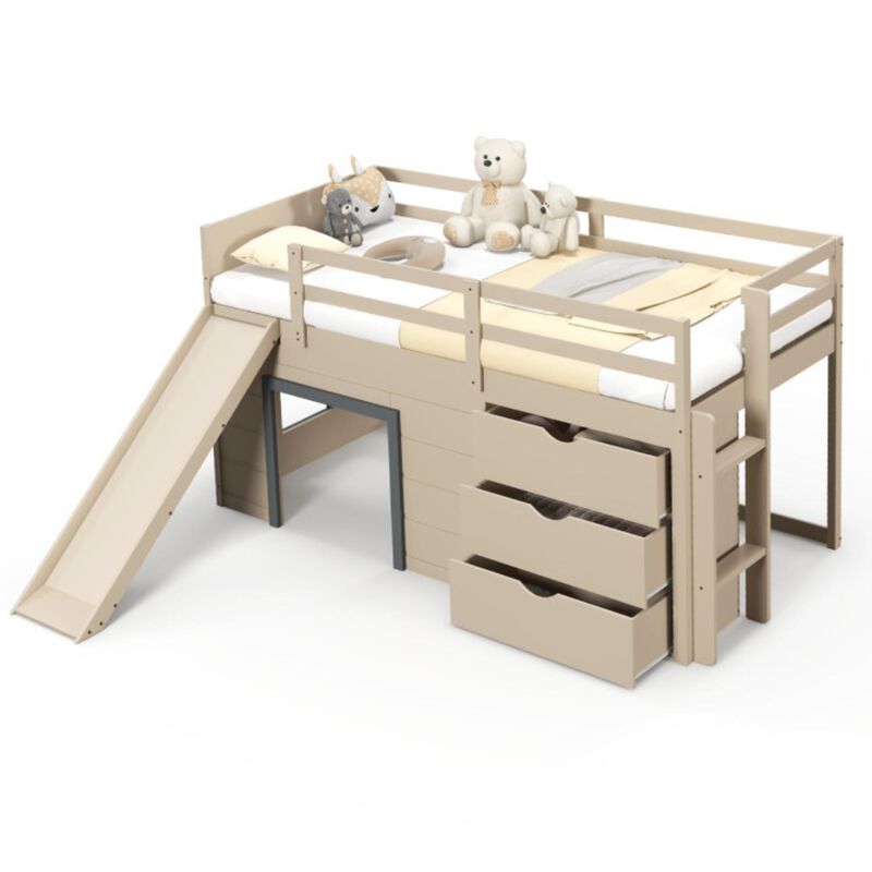 Hivvago 3-In-1 Twin Loft Bed with Slide Ladder Drawers for Kids Teens-Beige