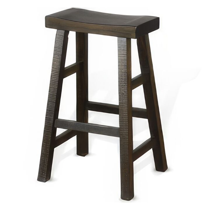 Flint Barstool Set of 2, Saddle Seat, Distressed Dark Brown Mahogany - Benzara