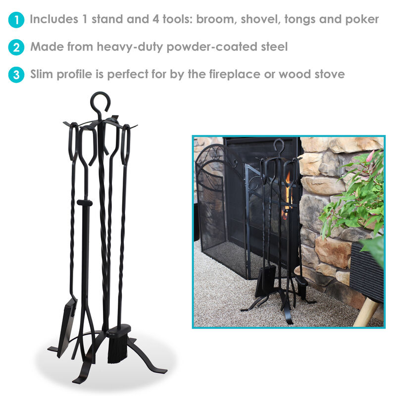 Sunnydaze 5-Piece Heavy-Duty Steel Fireplace Tool Set with Stand