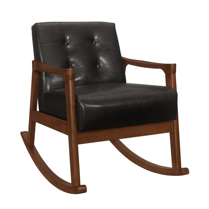 Ciao 37 Inch Rocking Chair Armchair, Dark Brown Faux Leather, Solid Wood - Benzara