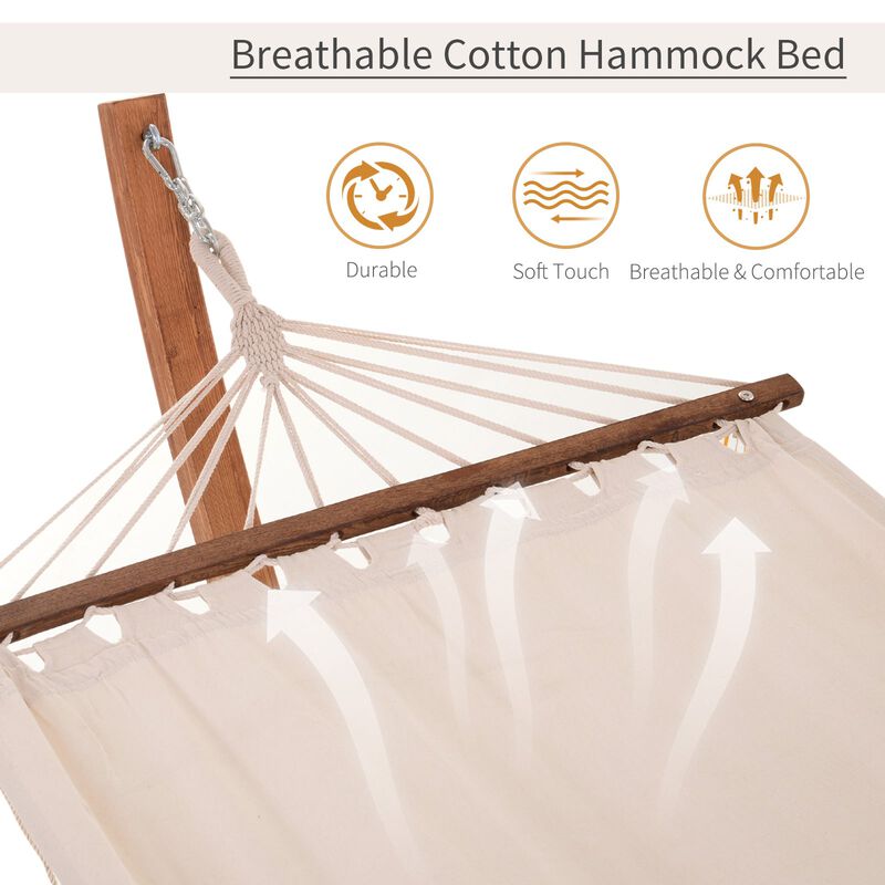 White Boho Bliss: 10' Wood Hammock with Stand for Single Person