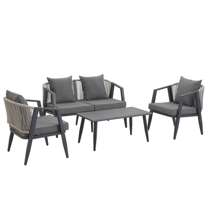 Mondawe 4-Piece Iron Outdoor Patio Sofa Leisure Set,W/ 2 Single Chairs,Double Chair & Table