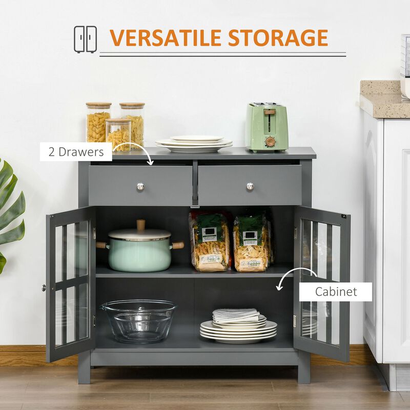 Gray Dining Storage: Sideboard Cabinet with Glass Doors and Drawers