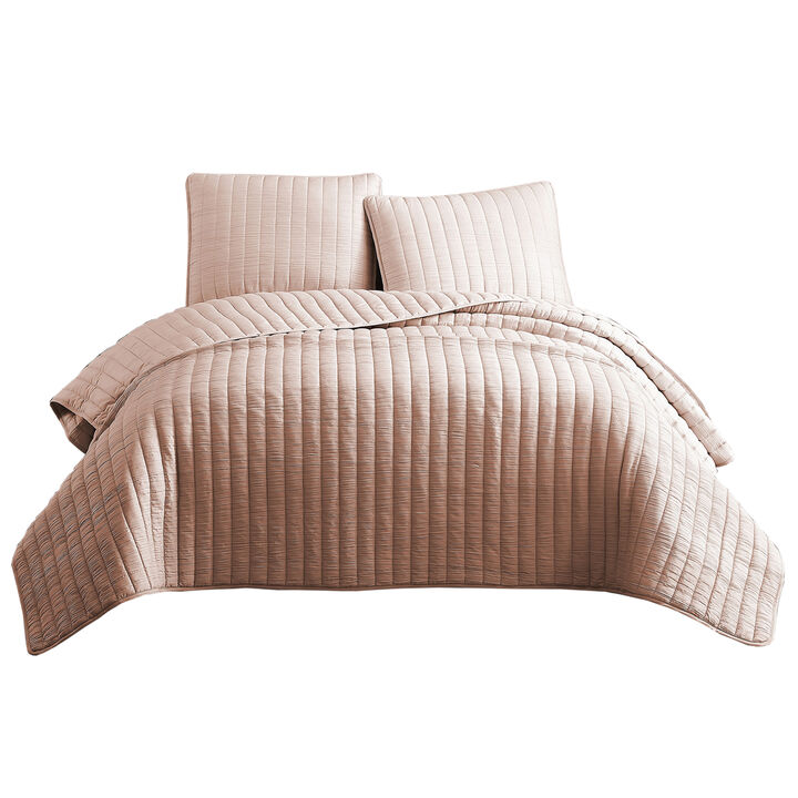 3 Piece Crinkles Queen Size Coverlet Set with Vertical Stitching, Pink-Benzara