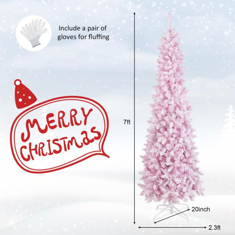 Hivvago 7 Feet Pre-Lit Snow Flocked Hinged Pencil Christmas Tree with 300 Lights and 8 Modes