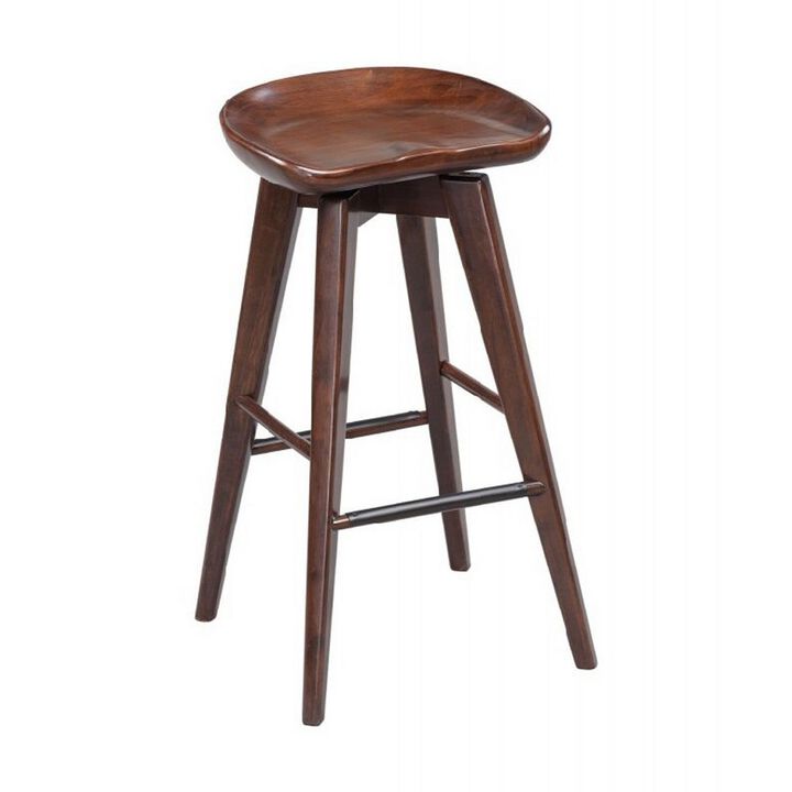 Contoured Seat Wooden Frame Swivel Barstool with Angled Legs, Dark Brown-Benzara