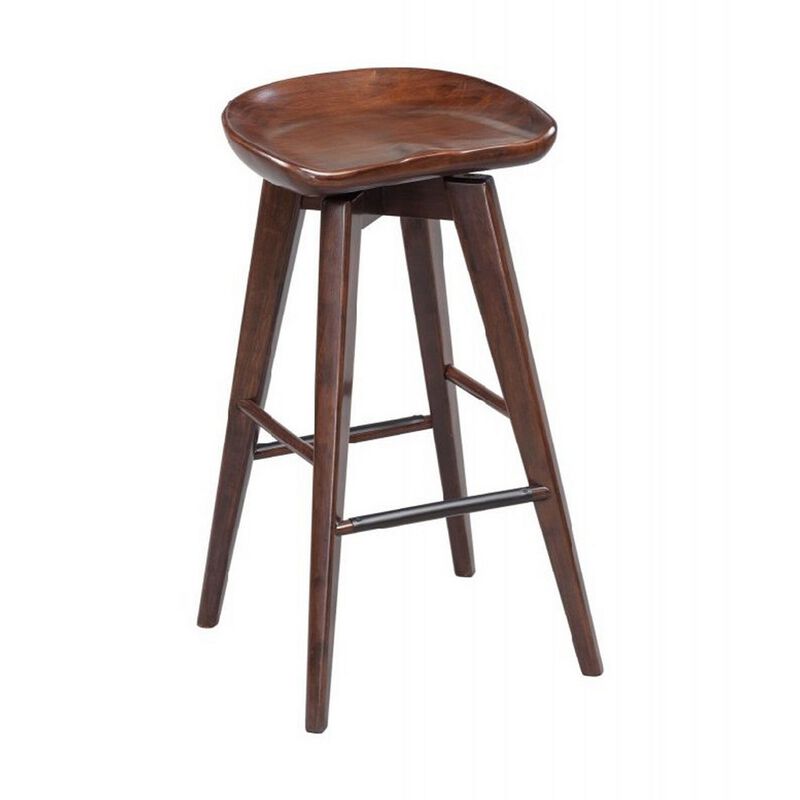 Contoured Seat Wooden Frame Swivel Barstool with Angled Legs, Dark Brown-Benzara