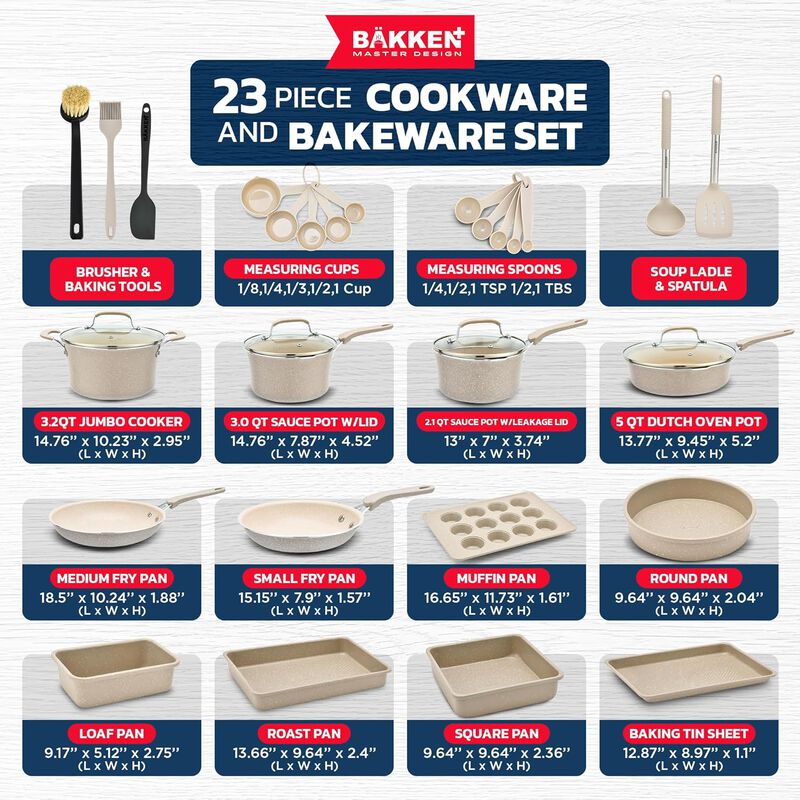 Bakken- Swiss Kitchen Cookware Set - Nonstick Coating, Pot and Pans Set with Handle Grips & Tempered Glass Lids, PFOA, PFOS, PTFE Free, Ceramic Max Temperature (Up To 500° F), Set of 23