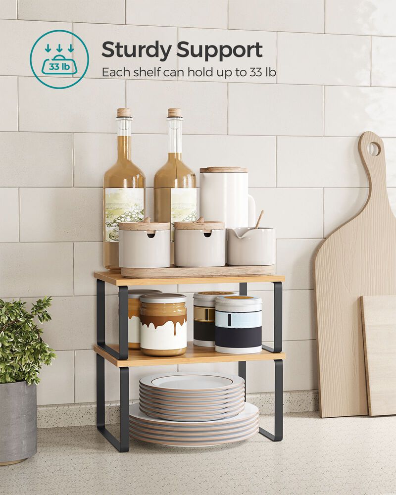 Expandable and Stackable Cabinet Shelf Organizer – Metal and Bamboo Kitchen Counter Shelves, Set of 2