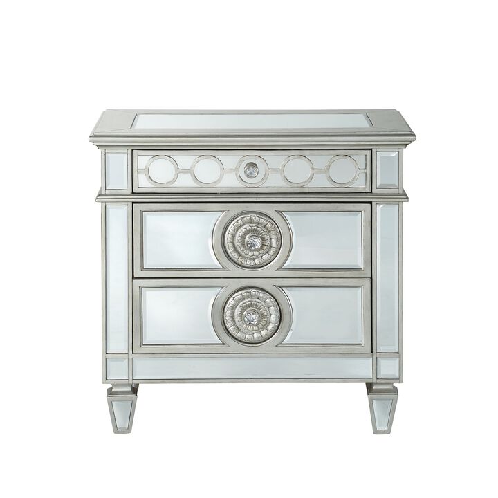 Mirror Accented Wooden Nightstand with 3 Storage Drawers, Silver-Benzara
