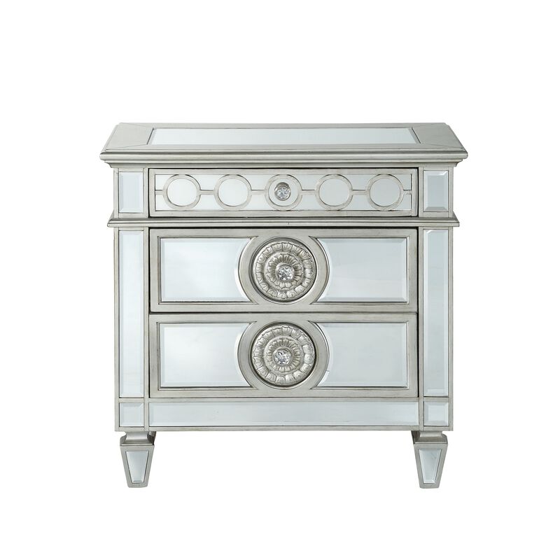 Mirror Accented Wooden Nightstand with 3 Storage Drawers, Silver-Benzara