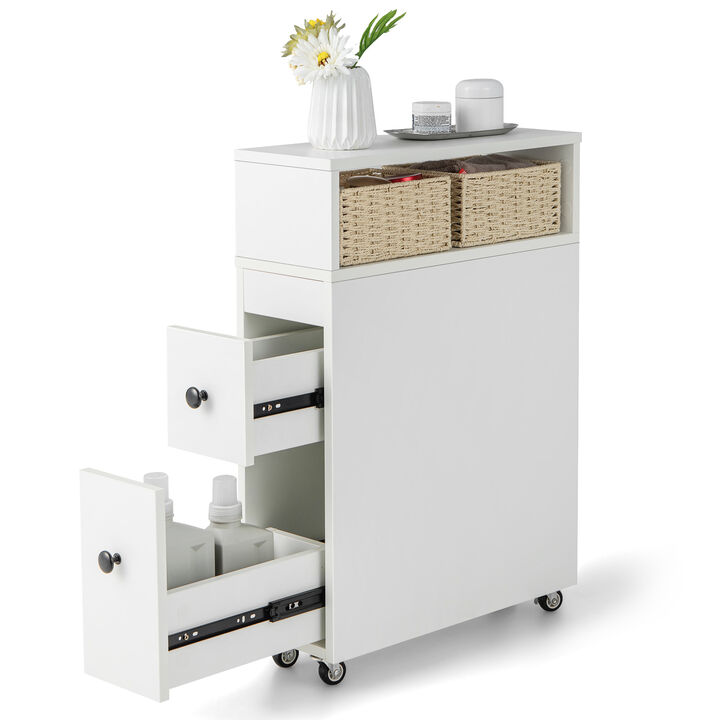 Costway Movable Bathroom Storage Cabinet Narrow Toilet Side Paper Holder w/ 2 Drawers