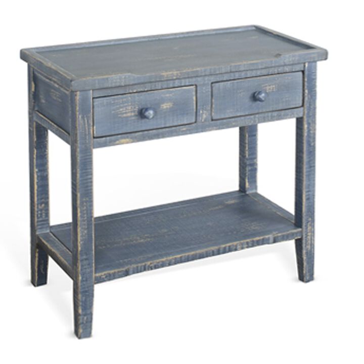Rena Side End Table, 2 Drawers 1 Shelf, 28 Inch Rustic Blue Mahogany - Benzara