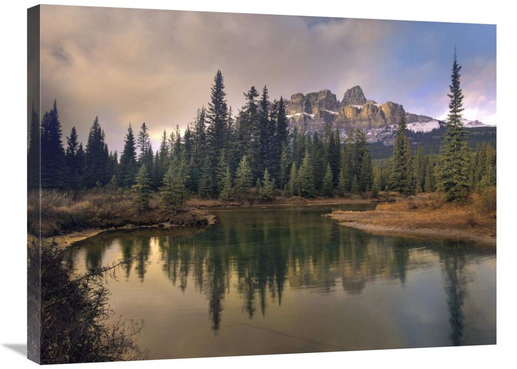 Castle Mountain and boreal forest reflected in lake, Alberta, Canada-Canvas Art-32x24