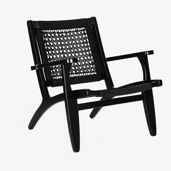 Heor 29 Inch Accent Chair, Hexagon Rope Woven Back, Seat, Black Wood  - Benzara