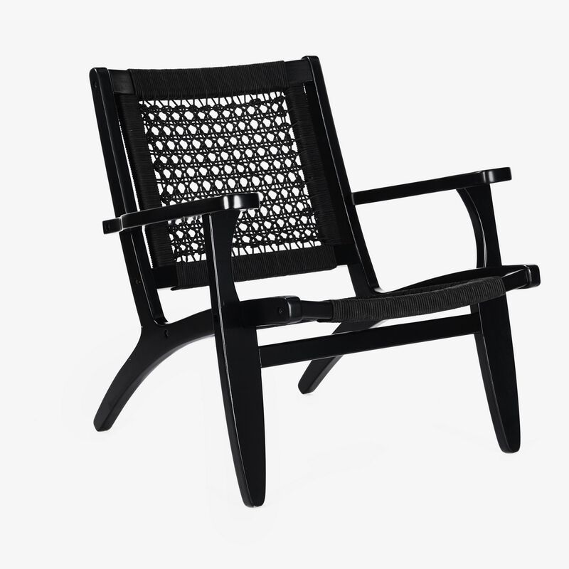 Heor 29 Inch Accent Chair, Hexagon Rope Woven Back, Seat, Black Wood  - Benzara
