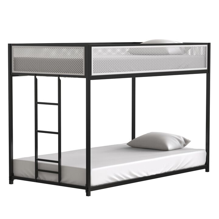Twin Over Twin Bunk Metal Bed Frame with Mesh Guard Rail, Removable Ladder, Low Loft Bunk for Kids Bedrooms, Easy Assembly, Black