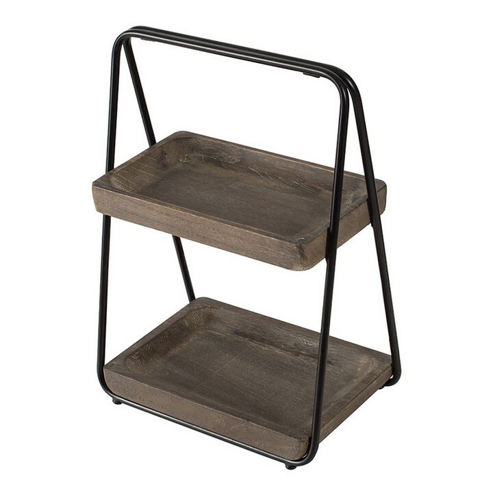 Nick 19 Inch 2 Tier Decorative Tray Stand, Black Iron Frame, Gray Wood - Benzara
