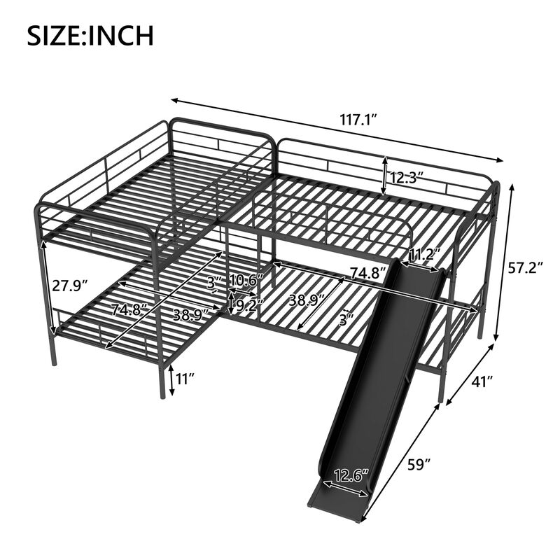 Twin Size L-Shaped Bunk Bed With Slide And Ladder