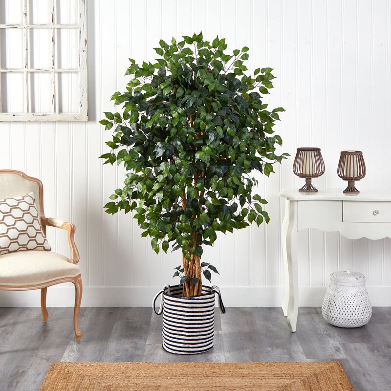Hivvago 5.5 Feet Palace Ficus Artificial Tree in Handmade Black and White Natural Jute and Cotton Planter