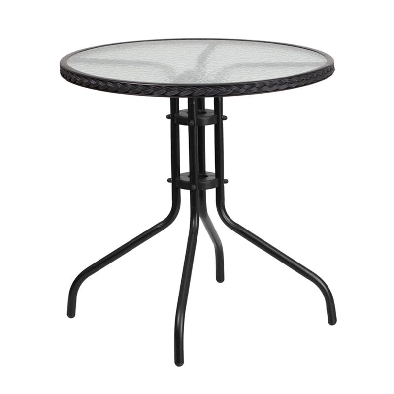 Flash Furniture Lila 28'' Round Glass Metal Table with Black Rattan Edging and 2 Black Rattan Stack Chairs
