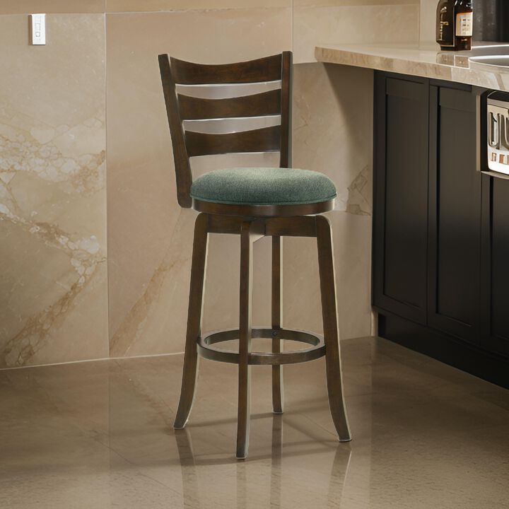 Mona Swivel Barstool Chair, Hunter Green Fabric, Dark Cherry Brown Finish - Benzara